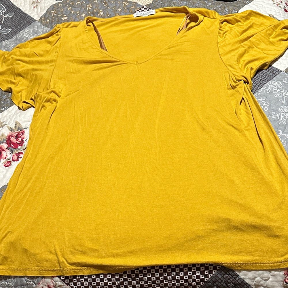 Green Envelope Mustard V-Neck Short Sleeve Top